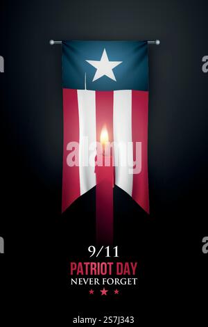 Bannière verticale du Patriot Day, 11 septembre 2001. Jour du souvenir et du deuil aux États-Unis. Drapeau suspendu vertical aux couleurs des États-Unis et bougie allumée. Illustration de Vecteur
