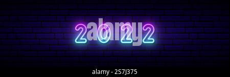Bonne année 2022 dans un style néon. 2022 dégradé lumineux. Longue bannière murale en brique. Modèle vectoriel pour en-tête Web, site Web, interface utilisateur, ux. Illustration de Vecteur