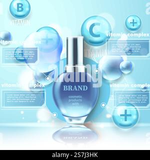Pulvérisateur d'huile de bronzage avec protection UV. Sunblock SPF protection UV solution conception de soin solaire. Vitamine E. vitamine d et Coenzym Q10 Repair expert formule.. Illustration vectorielle réaliste 3d lumineuse. Complexe vitaminique. Bouteille cosmétique. Illustration de Vecteur