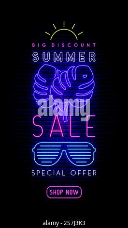 Enseigne néon pour soldes d'été. Bannière publicitaire lumineuse dans le style néon. Modèle de vente de vecteur pour les médias sociaux, dépliants, affiches, application mobile. Illustration de Vecteur