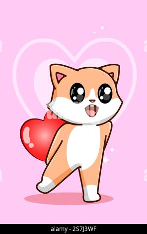Un chat mignon tenant un grand cœur sur l'illustration de bande dessinée de Saint-Valentin Illustration de Vecteur