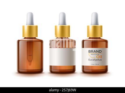 Vector bouteilles vierges brunes réalistes et bouteille avec étiquette de marque avec jeu de pipettes. Soin cosmétique de la peau, essence de soin des cheveux, maquette de produit de médecine naturelle. Produit organique à base d'essence d'eucalyptus. Bouteille de soins de la peau de pipette d'huile à base de plantes Vector 3D. Illustration de Vecteur