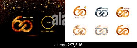 Ensemble de conception de logotype de 60e anniversaire, célébration d'anniversaire de soixante ans. 60 ans célébrant anniversaire logo argent et or pour événement de célébration, invitation, salutation, vecteur de logo Arrow Infinity, modèle web, flyer et livret Illustration de Vecteur
