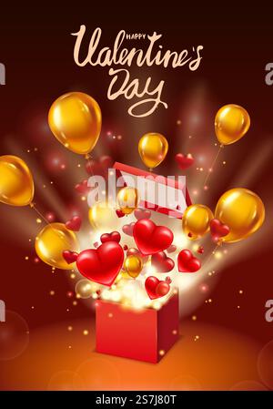 Happy Valentines Day boîte cadeau ouvert présent, lettrage avec des coeurs volants, des ballons d'or et des rayons lumineux, explosion éclatante. Coffret cadeau de bonne Saint Valentin. Affiche d'illustration vectorielle. Happy Valentines Day boîte cadeau ouvert présent, lettrage, avec des coeurs volants, des ballons d'or et des rayons lumineux de lumière, explosion éclatante. Coffret cadeau de bonne Saint Valentin. Affiche d'illustration vectorielle, bannière, carte, isolé Illustration de Vecteur