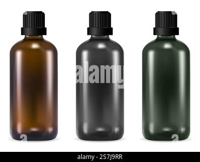 Bouteille en verre. Flacons médicaux en verre brun isolés sur blanc. Flacon de pharmacie avec bouchon en plastique pour huile essentielle. Blanc noir de conteneur pharmaceutique vectoriel 3d réaliste. Maquette d'emballage de sirop liquide. Bouteille en verre. Flacons médicaux en verre brun, flacon Illustration de Vecteur