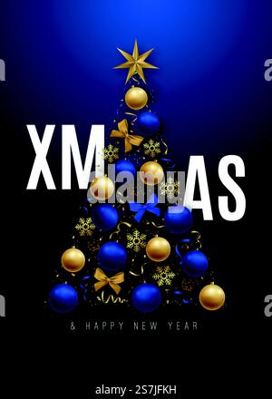 Bannière joyeux Noël. Arbre de Noël décoratif avec 3d boules brillantes et bleues et dorées. Modèle de Noël pour affiches, flyers, couvertures et invitations. Illustration vectorielle. Illustration de Vecteur