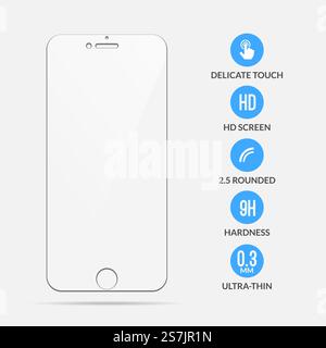 Protecteur d'écran en verre. Protecteur d'écran vectoriel pour smartphone. Accessoire de couverture mobile pour affichage.. Protecteur d'écran en verre. Protecteur d'écran vectoriel pour smartphone. Accessoire de couverture mobile pour présentoir Illustration de Vecteur
