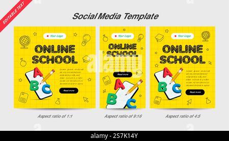 Modèle de média social scolaire en ligne avec illustration 3D. Tutoriels et cours Internet numériques, éducation en ligne. Effet de texte modifiable. Illustration de Vecteur