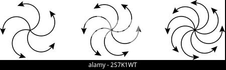 Icônes de flèche en spirale radiale définies. Flèches concentriques de centrifugeuse linéaire. Lignes de tourbillon de rotation de mouvement. Développez l'icône rafale. Illustrations vectorielles isolées sur blanc Illustration de Vecteur