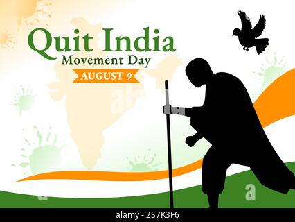 Quittez l'illustration du vecteur de la Journée du mouvement de l'Inde le 9 août avec le drapeau indien et la silhouette de gens dans des modèles d'arrière-plan dessinés à la main de dessin de dessin animé à plat Illustration de Vecteur