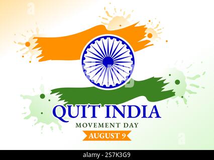 Quittez l'illustration du vecteur de la Journée du mouvement de l'Inde le 9 août avec le drapeau indien et la silhouette de gens dans des modèles d'arrière-plan dessinés à la main de dessin de dessin animé à plat Illustration de Vecteur