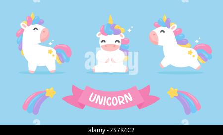 Ensemble de dessins animés de cheval de licorne mignon avec une étoile filante pastel arc-en-ciel isolée sur fond Illustration de Vecteur