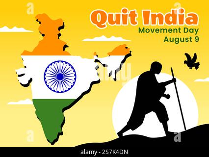 Quittez l'illustration du vecteur de la Journée du mouvement de l'Inde le 9 août avec le drapeau indien et la silhouette de gens dans des modèles d'arrière-plan dessinés à la main de dessin de dessin animé à plat Illustration de Vecteur