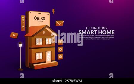 Concept de technologie de maison intelligente, dispositif électronique contrôlé du système domotique, connexions de technologie d'Internet des objets par téléphone intelligent Illustration de Vecteur