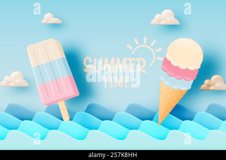 Popsicle et crème glacée pour la saison d'été conception de caractère très mignon dans l'illustration vectorielle de schéma pastel Illustration de Vecteur