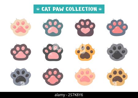 Jeu de pattes de chat différentes espèces de dessins de main de chaton mignon isolé de l'arrière-plan. Illustration de Vecteur