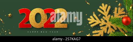 Bannière bonne année 2022. Flocon de neige doré scintillant avec guirlandes, branches de pin, boule rouge et numéros de paillettes sur fond vert. Illustration vectorielle.. Bannière bonne année 2022. Illustration de Vecteur