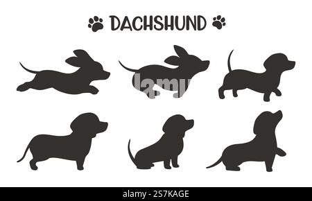 Silhouettes de chien Teckel courant dans diverses idées de poses pour les amoureux des chiens Illustration de Vecteur