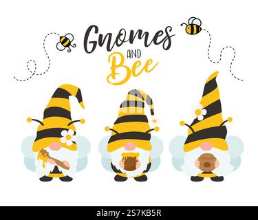 Gnomes de dessin animé vectoriel portant un costume d'abeille noire jaune tenant du miel doux. Isolé sur fond Illustration de Vecteur
