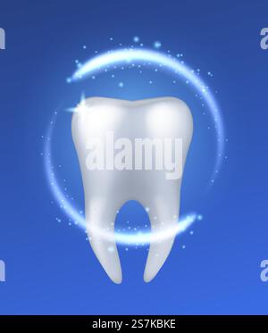 Dent saine. Dents humaines brillantes blanches réalistes sur fond bleu, blanchiment de l'émail, hygiéniste dentiste, protection dentaire des soins buccaux, concept isolé de vecteur. Dent saine. Dents humaines brillantes blanches réalistes, blanchiment de l'émail, hygiéniste dentiste, protection des soins dentaires, concept vectoriel Illustration de Vecteur