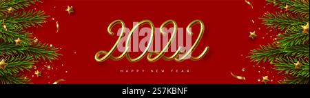 Bannière bonne année 2022. Écriture à la main numéros métalliques dorés 2022 avec guirlandes, branches de pin et étoiles sur fond rouge. Illustration vectorielle.. Bannière bonne année 2022. Illustration de Vecteur