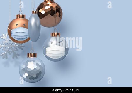 3d Noël brillant bleu et boules de cuivre avec masque médical. Personnages décoratifs pour les vacances du nouvel an. Concept de coronavirus, protection COVID-19.. Concept de coronavirus de Noël 3d. Illustration de Vecteur