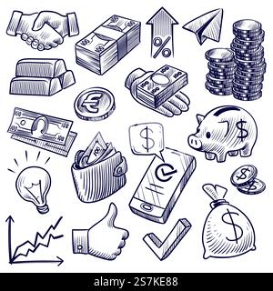 Croquis de monnaie et de banque. Billets et pièces de monnaie en dollars, tirelire et graphique commercial, barre d'or et symboles de poignée de main. Ensemble d'économie financière de vecteur de doodle d'investissement. Croquis de monnaie et de banque. Billets et pièces de monnaie en dollars, tirelire et graphique commercial, barre d'or et symboles de poignée de main. Ensemble de vecteurs de doodle d'investissement Illustration de Vecteur