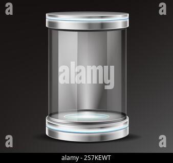 Capsule cylindrique en verre vide, vitrine ronde transparente avec éclairage au néon dans la base métallique, couvercle. Conteneur de sécurité, podium de présentation de produit, vecteur réaliste 3d de boîte d'exposition ou de musée. Vecteur réaliste de récipient en verre d'exposition de produit Illustration de Vecteur