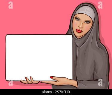 Femme arabe en hijab tient une affiche blanche. Fille musulmane dans des vêtements traditionnels montrant une pancarte carrée vierge. Illustration vectorielle pop art avec espace de copie sur le panneau d'affichage. Femme arabe en hijab avec panneau d'affichage Illustration de Vecteur