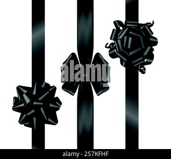 Noeuds noirs avec rubans verticaux vue du dessus. Collection d'éléments festifs pour emballer des boîtes cadeaux ou design de décoration de vente de vendredi isolé sur fond blanc. Illustration vectorielle 3D réaliste. Noeuds Black friday avec rubans verticaux vue de dessus Illustration de Vecteur
