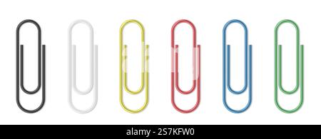 Jeu de trombones réaliste. Trombones colorés sur fond blanc modèles isolés. Agrafes pour attacher des documents et fournitures scolaires. Illustration vectorielle. Jeu de trombones réaliste. Trombones colorés sur fond blanc modèles isolés Illustration de Vecteur