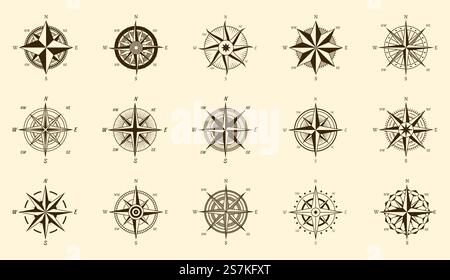 Jeu de compas. Mesure de direction nord et sud sur des étiquettes de gravure isolées, icônes de voyage dessinées à la main par rose du vent vecteur. Jeu de compas. Mesure de direction nord et sud sur des étiquettes de gravure isolées, icônes dessinées à la main par rose du vent vecteur Illustration de Vecteur