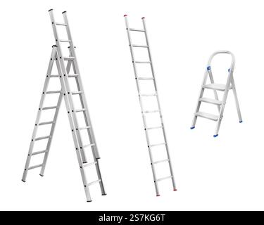 Échelles métalliques réalistes. Ensemble d'escabeau et d'escaliers pour le ménage sur fond blanc. Escaliers isolés en aluminium. illustration vectorielle 3d. Échelles métalliques réalistes. Ensemble d'escabeau et d'escaliers pour le ménage sur fond blanc Illustration de Vecteur