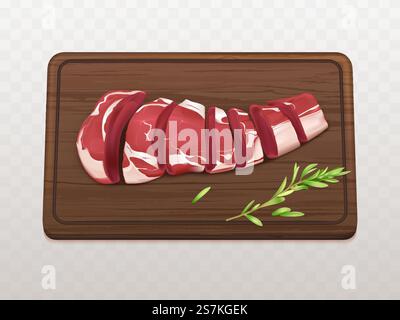 Filet de viande marbré cru tranché sur des morceaux ou des portions pour cuire un steak ou un grill avec des épices sur une planche à découper en bois vecteur réaliste 3d isolé sur fond blanc. Filet de bœuf pour barbecue. Tranché sur des morceaux de viande crue vecteur réaliste Illustration de Vecteur
