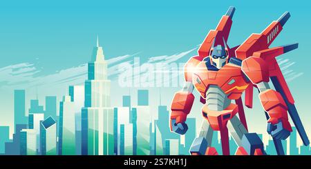 Guerrier robot transformateur puissant debout avec des poings serrés sur fond de gratte-ciel de ville moderne tours de dessin animé illustration vectorielle. Soldat extraterrestre protégeant le concept de métropole avec copyspace. Guerrier robot extraterrestre dans le vecteur de dessin animé de métropole Illustration de Vecteur