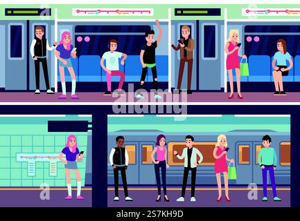 Les gens à l'intérieur du métro. Station de métro des transports publics. Plate-forme de métro et train avec concept de transport vectoriel de passagers féminins et masculins. Les gens à l'intérieur du métro. Station de métro des transports publics. Plate-forme de métro et train avec concept de vecteur de passagers féminins et masculins Illustration de Vecteur