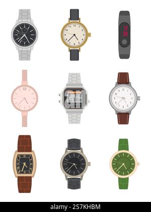 Montre-bracelet plate. Diverses montres classiques et modernes pour hommes et femmes avec différents bracelets et bracelets de mode design chic ensemble vectoriel de bracelets et de sangles. Montre-bracelet plate. Diverses montres classiques et modernes pour hommes et femmes avec différents bracelets et bracelets design élégants ensemble vectoriel Illustration de Vecteur