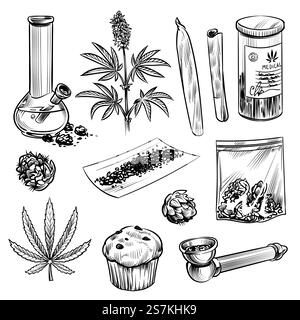 Croquis cannabis. Feuilles de marijuana de plante cosmétique et médicale, joint de mauvaise herbe et bong. Huile de CBD, gravure vintage dessinée à la main ganja vecteur gravé ensemble. Croquis cannabis. Feuilles de marijuana de plante cosmétique et médicale, joint de mauvaise herbe et bong. Huile de CBD, ensemble vecteur ganja dessiné à la main de gravure vintage Illustration de Vecteur