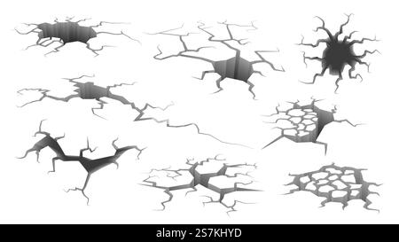 Fissure sismique. Mur en ruine, trou dans le sol avec fissures et fissures de destruction de la terre isolés symboles de dessin animé vectoriel de dommages cassent la surface ensemble isolé sur blanc. Fissure sismique. Mur en ruine, trou dans le sol avec des fissures et des fissures de destruction de la terre isolé ensemble de dessins animés vectoriels isolé sur blanc Illustration de Vecteur