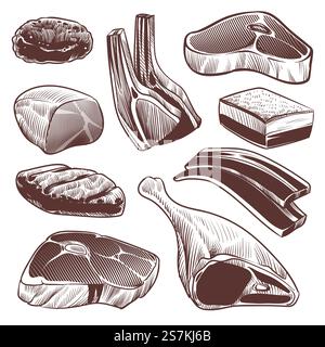 Croquis de viande. Collection de produits de viande crue fraîche dessinée à la main, steak de bœuf et jambon, filet de porc et côtelettes d'agneau menu rétro design vectoriel d'ingrédients grillés au barbecue. Croquis de viande. Collection de produits de viande crue fraîche dessinée à la main, steak de bœuf et jambon, filet de porc et côtelettes d'agneau menu rétro ensemble vectoriel design Illustration de Vecteur