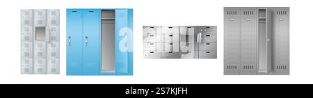 Ensemble de casiers réalistes pour le stockage à l'école, au gymnase, à la poste ou à la banque, modèle sur fond blanc. Rangées sécurisées d'armoires en acier. illustration vectorielle 3d. Ensemble de casiers réalistes pour le stockage à l'école, au gymnase, à la poste ou à la banque, modèle sur fond blanc Illustration de Vecteur