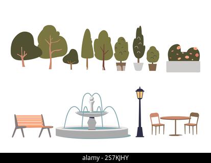 Éléments de parc urbain avec arbres, buissons, fleurs, banc, torche et fontaine. Concept d'espace vert de ville. Collection de décoration extérieure de dessin animé. Illustration vectorielle plate. Éléments de parc urbain avec arbres, buissons, fleurs, banc, torche et fontaine Illustration de Vecteur