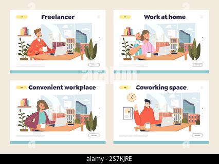 Concept de lieu de travail à distance d'un ensemble de pages de destination avec des travailleurs indépendants travaillant à domicile ou dans un bureau d'espace de coworking. Espace de travail distant pour freelance. Illustration vectorielle plate de dessin animé. Pages de destination de l'espace de travail distant avec des travailleurs indépendants travaillant à domicile ou dans un bureau d'espace de coworking Illustration de Vecteur