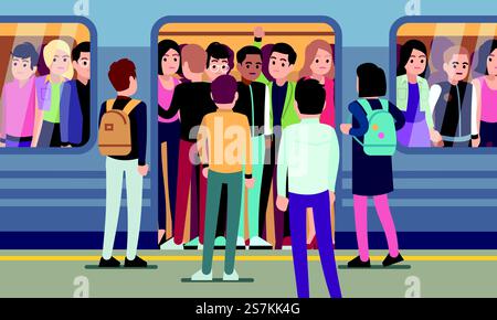 Les gens vont dans le métro. Transport urbain public, plate-forme de métro, passagers essayant d'entrer dans le vecteur de wagon souterrain concept de transport surpeuplé. Les gens vont dans le métro. Transport urbain public, plate-forme de métro, passagers essayant d'entrer dans le concept de vecteur de wagon souterrain Illustration de Vecteur
