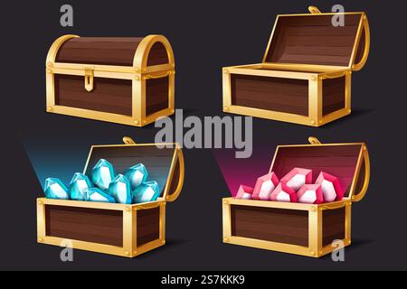 Coffre au trésor. Coffres en or fermés et ouverts avec bijoux gemmes. Mystère médiéval pirate trésors rubis et illustration topaze pour jeu de vecteur de dessin animé. Coffre au trésor. Coffres fermés et ouverts avec bijoux gemmes. Illustration médiévale de trésors de pirate mystère pour jeu de vecteur de dessin animé Illustration de Vecteur