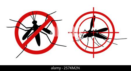 Panneaux d'avertissement de moustiques. Informationnel rouge interdit cible de moustique, contrôler l'insecte, prévenir l'épidémie, signalisation arrêter gnat. ensemble de silhouette noire vectorielle. Panneaux d'avertissement de moustiques. Informationnel rouge interdit cible de moustique, contrôler l'insecte, prévenir l'épidémie, signalisation arrêter gnat. ensemble de vecteurs Illustration de Vecteur