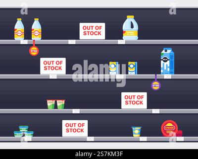 Étagère de supermarché avec produits épuisés. Intérieur de supermarché avec étagère vide, épicerie de magasin de marché, illustration vectorielle de détail dans l'épidémie de période. Intérieur d'étagère de supermarché avec produits épuisés Illustration de Vecteur