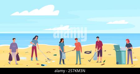 Les gens avec des ordures sur la plage. Collaboration de volontaires nettoyer les déchets sur la côte de l'océan ou de la mer, la collecte des déchets plastiques, la protection écologique concept de vecteur plat. Les gens avec des ordures sur la plage. Des volontaires nettoient les déchets sur la côte océanique, collectent les déchets plastiques, concept de vecteur plat de protection écologique Illustration de Vecteur