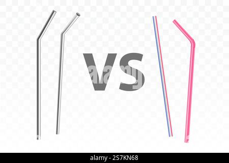 Pailles métalliques réutilisables versus concept jetable en plastique. Écologique, pailles de cocktail en acier inoxydable comparaison à l'ancien ustensile d'environnement polluant isolé, objets vectoriels réalistes 3D. Pailles à boire en métal et en plastique vecteur réaliste Illustration de Vecteur