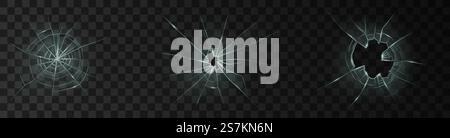 Vitre de fenêtre cassée ou trou fissuré de porte verre transparent réaliste isolé sur fond sombre. Ensemble de surfaces de verre écrasées 3d. Illustration vectorielle. Vitre de fenêtre cassée ou trou fissuré de porte verre transparent réaliste isolé sur fond sombre Illustration de Vecteur